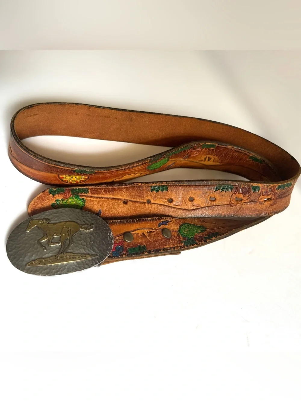 Vintage Hand Tooled Painted Western Leather Belt Horse Buckle Ranch Southwestern